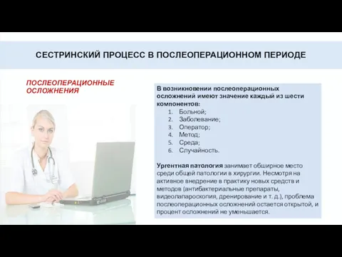 СЕСТРИНСКИЙ ПРОЦЕСС В ПОСЛЕОПЕРАЦИОННОМ ПЕРИОДЕ ПОСЛЕОПЕРАЦИОННЫЕ ОСЛОЖНЕНИЯ В возникновении послеоперационных