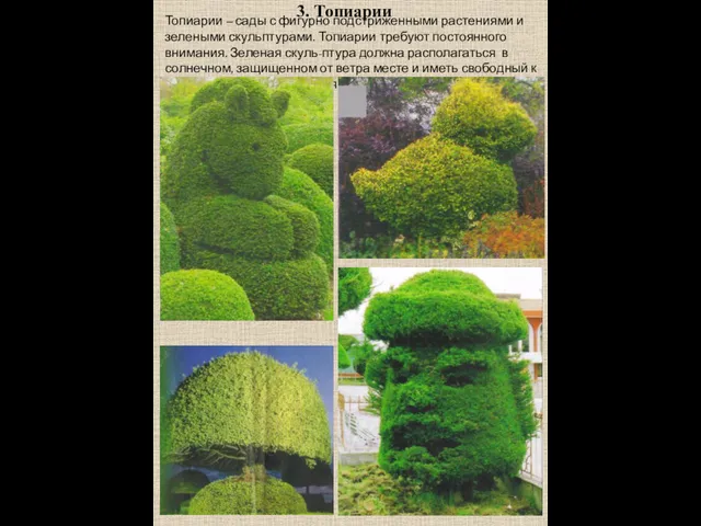 Топиарии – сады с фигурно подстриженными растениями и зелеными скульптурами.