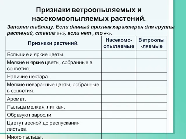 Признаки ветроопыляемых и насекомоопыляемых растений. Заполни таблицу. Если данный признак