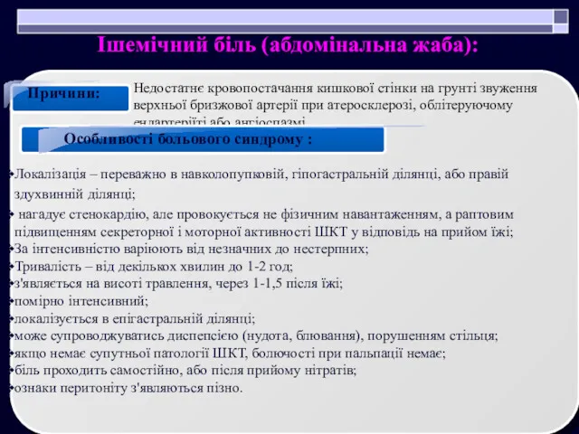 Ішемічний біль (абдомінальна жаба): Причини: Локалізація – переважно в навколопупковій,