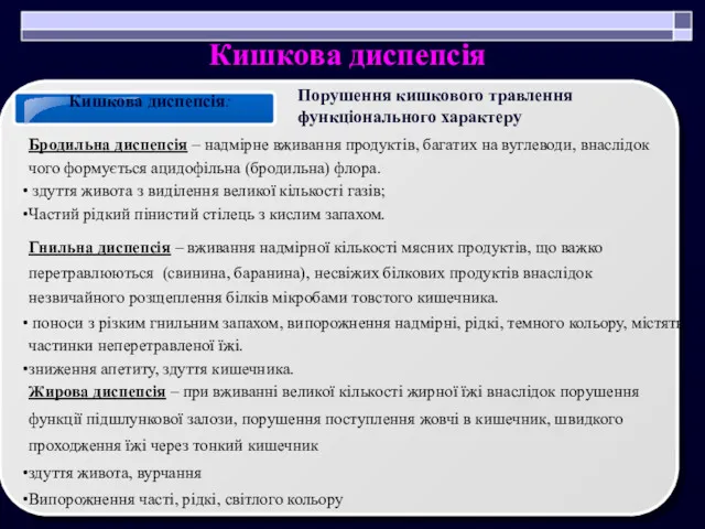 Кишкова диспепсія: Бродильна диспепсія – надмірне вживання продуктів, багатих на