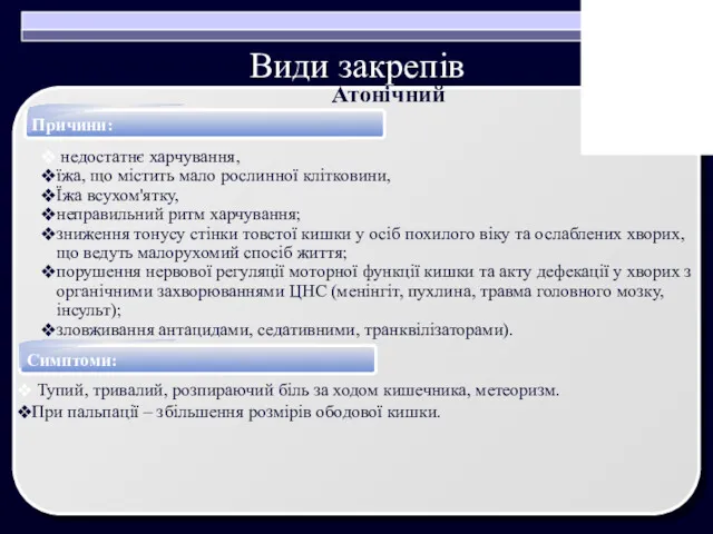 Види закрепів Причини: недостатнє харчування, їжа, що містить мало рослинної