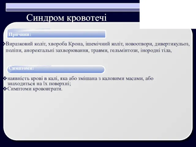 Синдром кровотечі Причини: Виразковий коліт, хвороба Крона, ішемічний коліт, новоотвори,