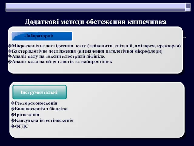 Інструментальні Ректоромоноскопія Колоноскопія з біопсією Ірігоскопія Капсульна інтестіноскопія ФГДС Додаткові