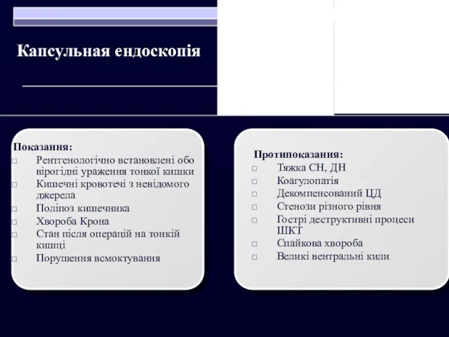 Капсульная ендоскопія Показання: Рентгенологічно встановлені обо вірогідні ураження тонкої кишки