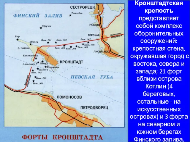 Кронштадтская крепость представляет собой комплекс оборонительных сооружений: крепостная стена, окружавшая