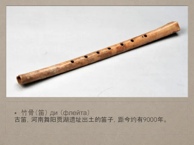 竹骨（笛） ди （флейта） 古笛，河南舞阳贾湖遗址出土的笛子，距今约有9000年。