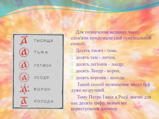 Для позначення великих чисел слов'яни придумали свій оригінальний спосіб: Десять тисяч - тьма,