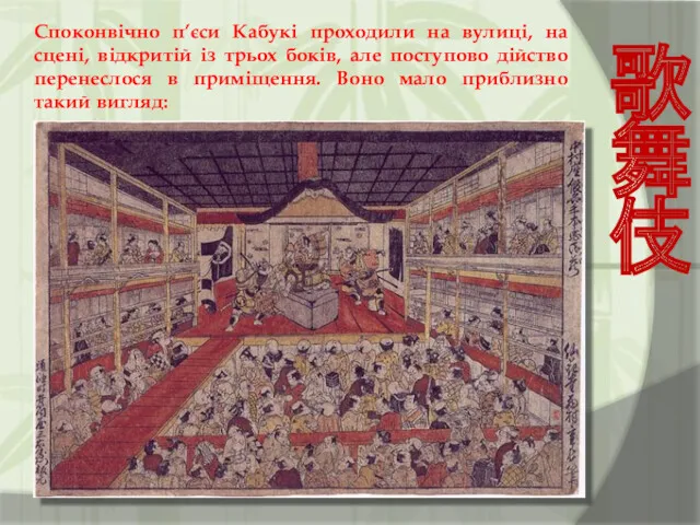 Споконвічно п’єси Кабукі проходили на вулиці, на сцені, відкритій із