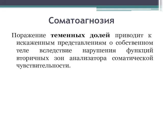 Соматоагнозия Поражение теменных долей приводит к искаженным представлениям о собственном