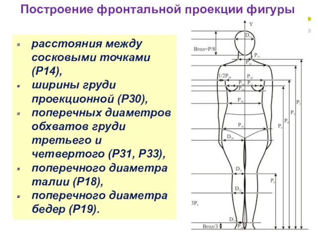 Построение фронтальной проекции фигуры расстояния между сосковыми точками (Р14), ширины