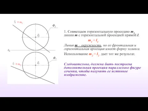 1. Совмещаем горизонтальную проекцию m1 линии m с горизонтальной проекцией