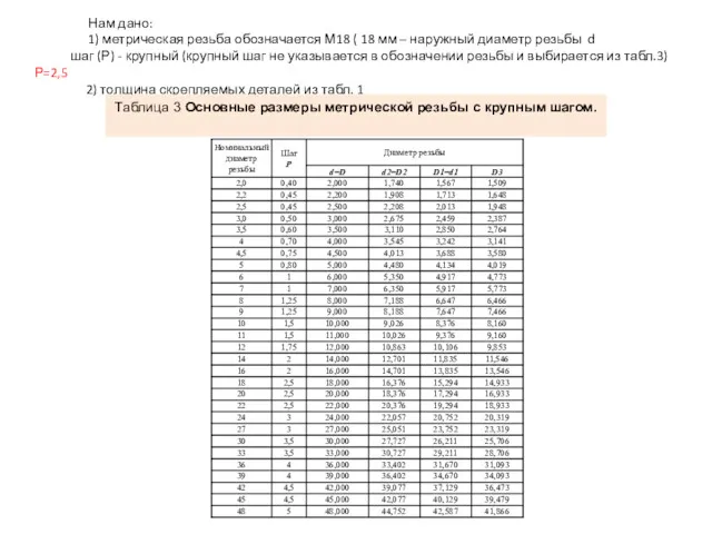 Нам дано: 1) метрическая резьба обозначается М18 ( 18 мм