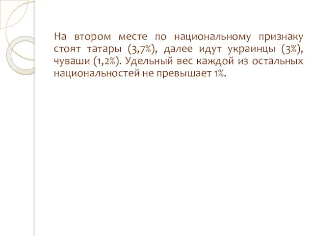 На втором месте по национальному признаку стоят татары (3,7%), далее идут украинцы (3%),