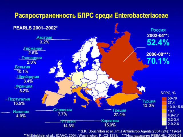 Распространенность БЛРС среди Enterobacteriaceae * S.K. Bouchillon et al., Int