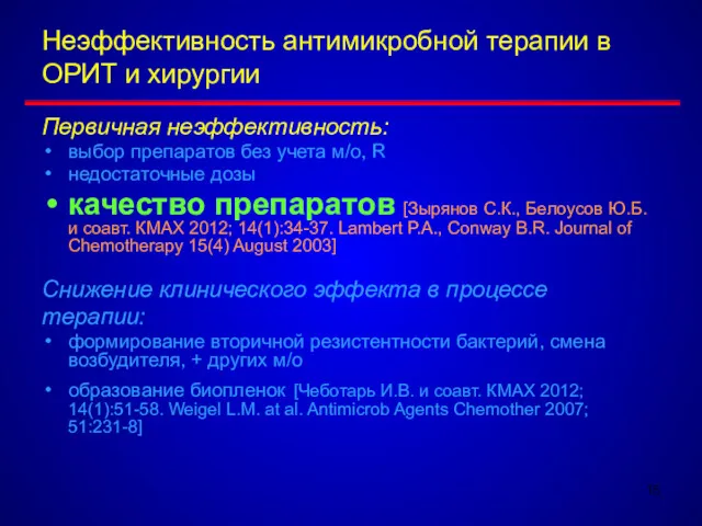 Неэффективность антимикробной терапии в ОРИТ и хирургии Первичная неэффективность: выбор