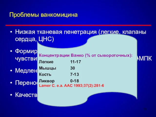 Проблемы ванкомицина Низкая тканевая пенетрация (легкие, клапаны сердца, ЦНС) Формирование