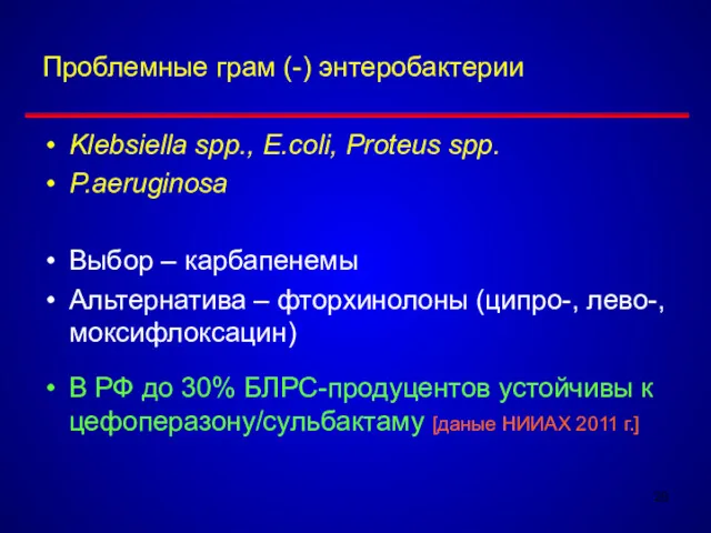 Проблемные грам (-) энтеробактерии Klebsiella spp., E.coli, Proteus spp. P.aeruginosa