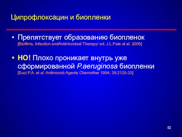 Ципрофлоксацин и биопленки Препятствует образованию биопленок [Biofilms, Infection andAntimicrobial Therapy/