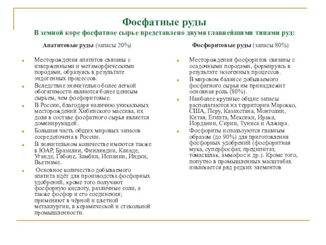 Фосфатные руды В земной коре фосфатное сырье представлено двумя главнейшими