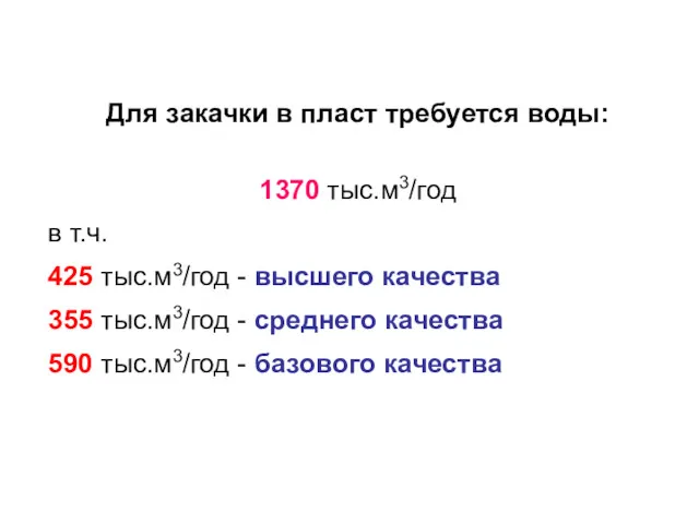 Для закачки в пласт требуется воды: 1370 тыс.м3/год в т.ч.