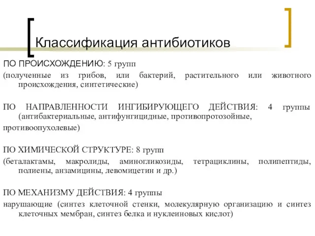 Классификация антибиотиков ПО ПРОИСХОЖДЕНИЮ: 5 групп (полученные из грибов, или