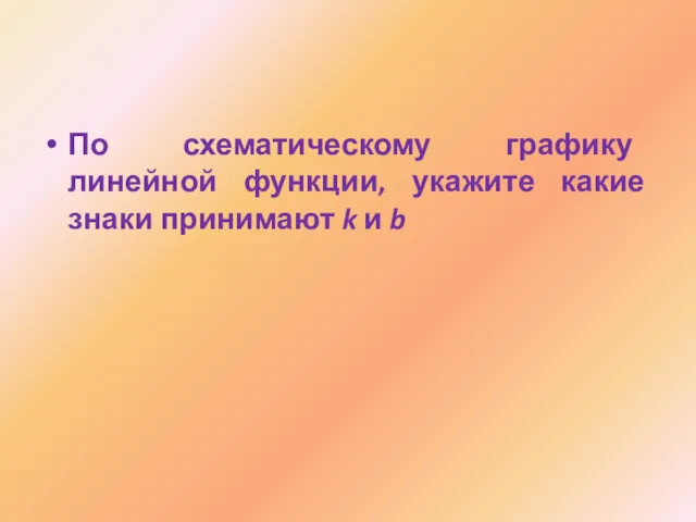 По схематическому графику линейной функции, укажите какие знаки принимают k и b