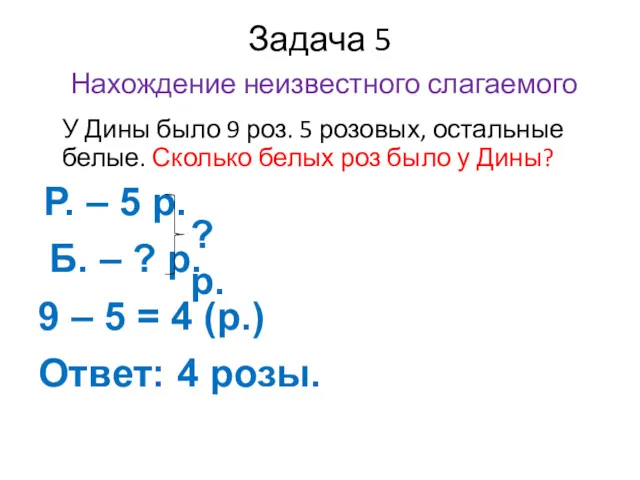 Задача 5 Нахождение неизвестного слагаемого У Дины было 9 роз.