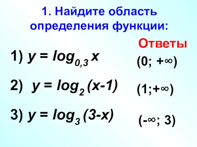 1. Найдите область определения функции: 1) у = log0,3 х