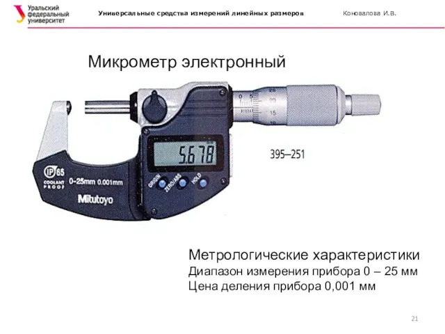 Микрометр электронный Метрологические характеристики Диапазон измерения прибора 0 – 25