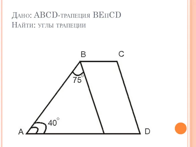 Дано: ABCD-трапеция BEiiCD Найти: углы трапеции