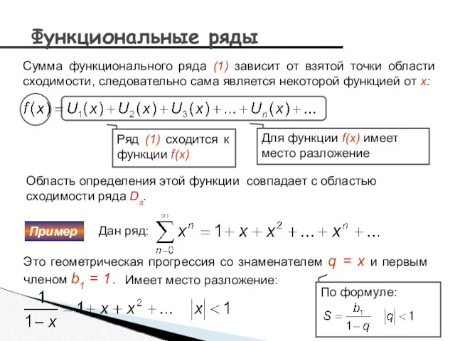 Функциональные ряды Сумма функционального ряда (1) зависит от взятой точки