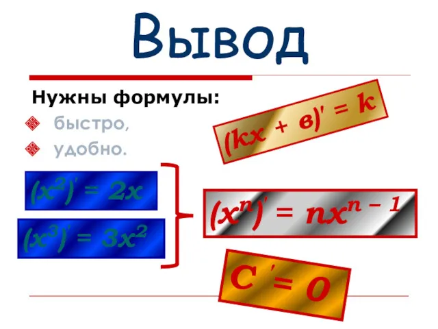 Вывод Нужны формулы: быстро, удобно. (kх + в)′ = k