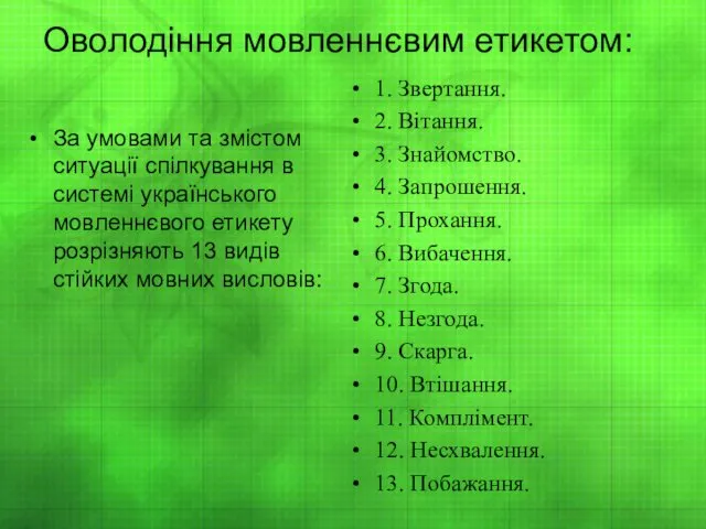 Оволодіння мовленнєвим етикетом: За умовами та змістом ситуації спілкування в системі українського мовленнєвого