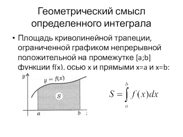Геометрический смысл определенного интеграла Площадь криволинейной трапеции, ограниченной графиком непрерывной