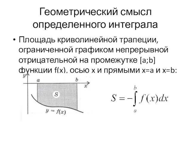 Геометрический смысл определенного интеграла Площадь криволинейной трапеции, ограниченной графиком непрерывной