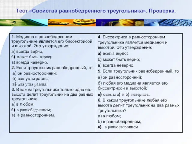 Тест «Свойства равнобедренного треугольника». Проверка.