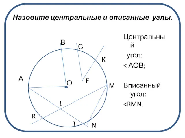 Назовите центральные и вписанные углы. Центральный угол: Вписанный угол: О