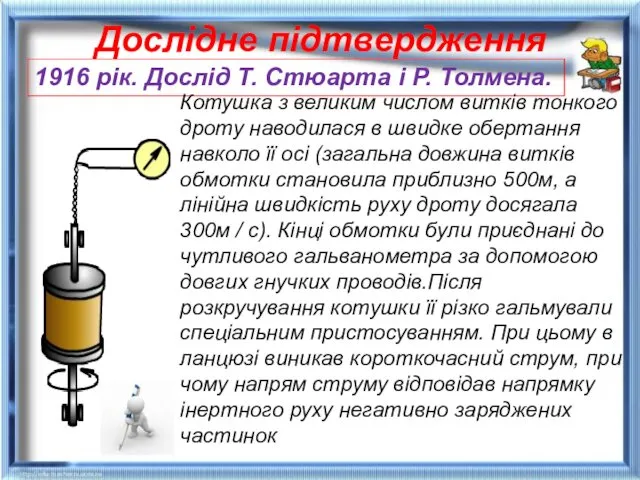 Дослідне підтвердження 1916 рік. Дослід Т. Стюарта і Р. Толмена.