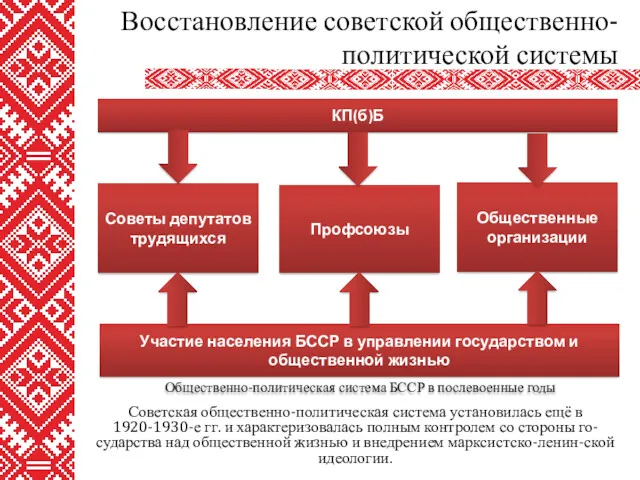Советская общественно-политическая система установилась ещё в 1920-1930-е гг. и характеризовалась