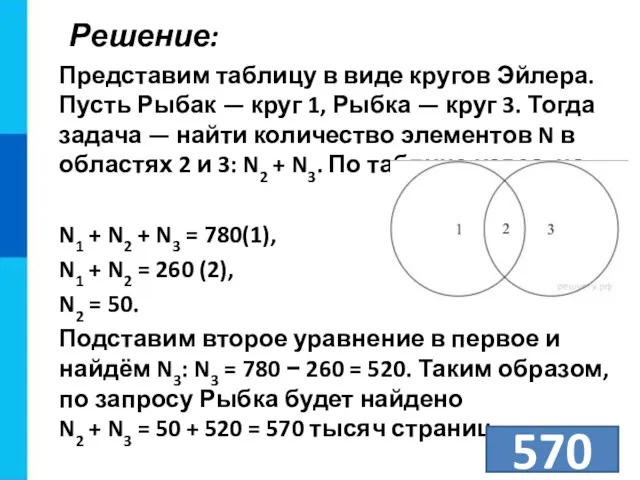 Решение: Представим таблицу в виде кругов Эйлера. Пусть Рыбак —