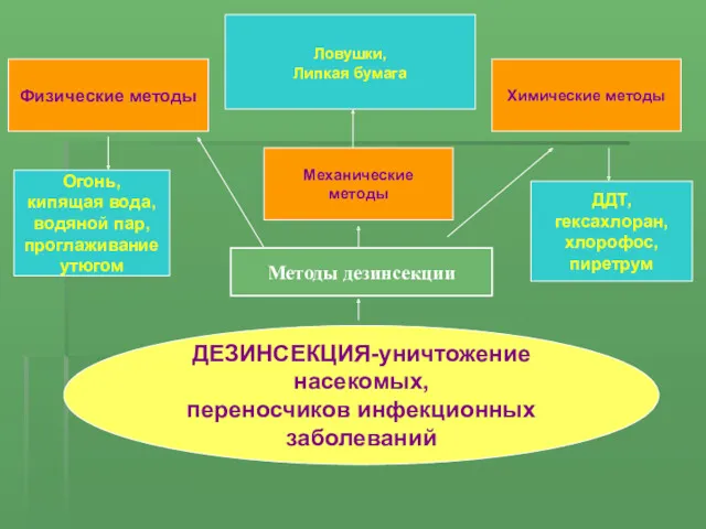 ДЕЗИНСЕКЦИЯ-уничтожение насекомых, переносчиков инфекционных заболеваний Физические методы ДДТ, гексахлоран, хлорофос, пиретрум Огонь, кипящая