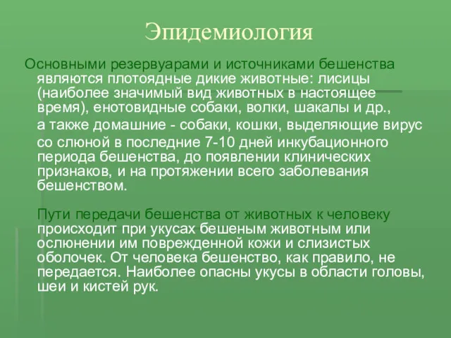 Эпидемиология Основными резервуарами и источниками бешенства являются плотоядные дикие животные: лисицы (наиболее значимый