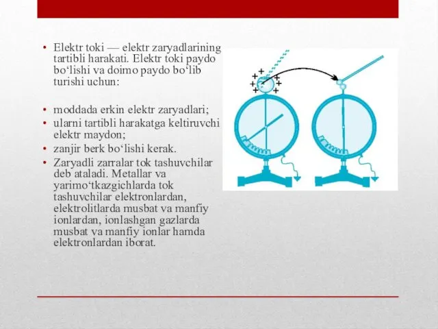 Elektr toki — elektr zaryadlarining tartibli harakati. Elektr toki paydo boʻlishi va doimo