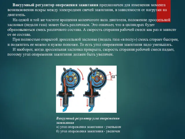 Вакуумный регулятор опережения зажигания предназначен для изменения момента возникновения искры