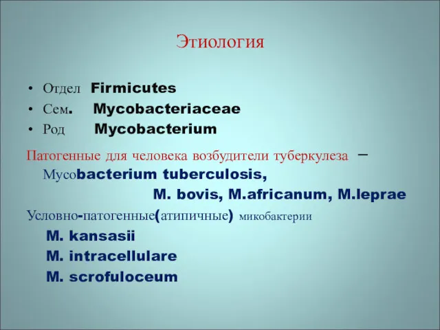 Этиология Отдел Firmicutes Сем. Mycobacteriaceae Род Mycobacterium Патогенные для человека