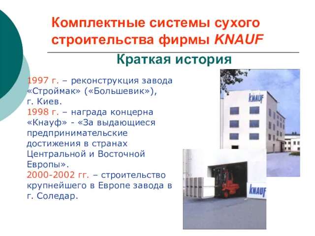 Комплектные системы сухого строительства фирмы KNAUF Краткая история 1997 г.