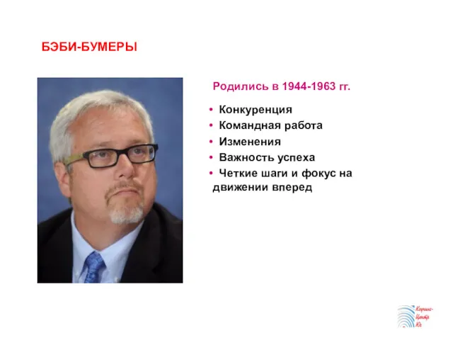 БЭБИ-БУМЕРЫ Родились в 1944-1963 гг. Конкуренция Командная работа Изменения Важность