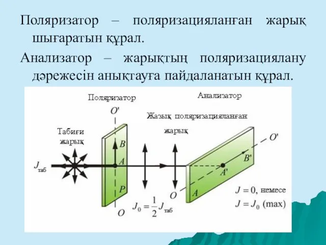 Поляризатор – поляризацияланған жарық шығаратын құрал. Анализатор – жарықтың поляризациялану дәрежесін анықтауға пайдаланатын құрал.