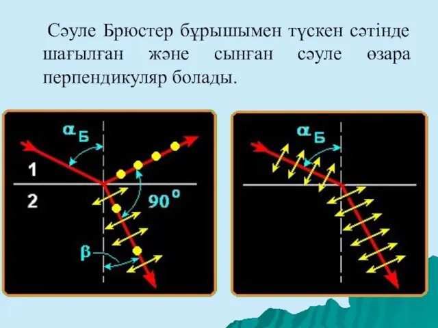 Сәуле Брюстер бұрышымен түскен сәтінде шағылған және сынған сәуле өзара перпендикуляр болады.